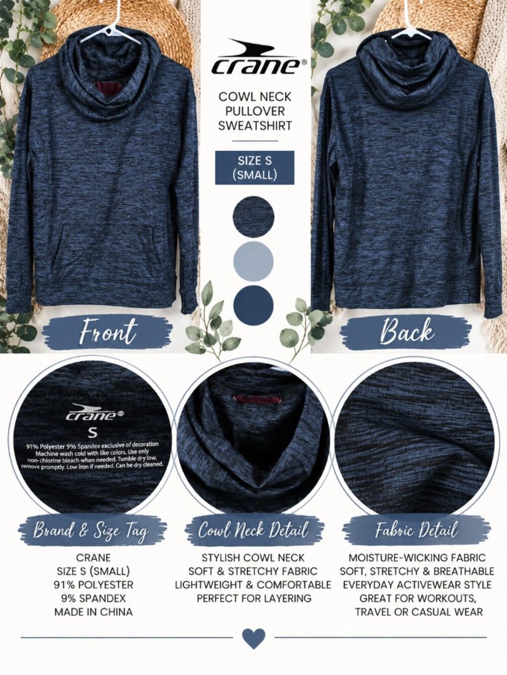 Crane Blue Heather Space Dye Cowl Neck Active Hoodie Sweatshirt Small